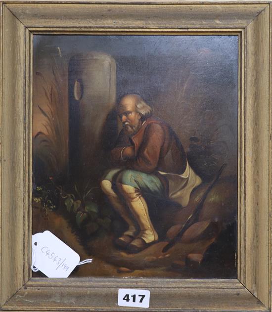 Late 19th century German School, oil on zinc, The disconsolate traveller, 24 x 20.5cm